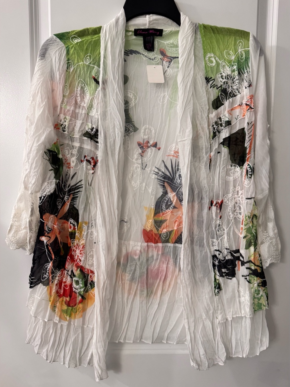 #x553 - Elena Wang Mixed Media Open Front Cardigan Duster White Multi Watercolor
